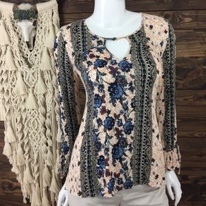 Love Riche | Striped Floral Boho Keyhole‎ Ruffle Blouse